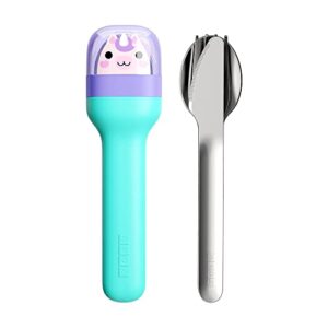zoku kids pocket utensil set, unicorn - stainless steel fork, knife, and spoon in case - portable design for travel, school, picnics, camping and outdoor home use