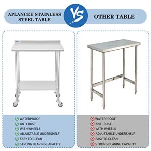 Aplancee Stainless Steel Table, 30 x 24 Inches Prep & Work Table with Caster Backsplash and Adjustable Undershelf Metal Utility Workstations for Commercial Kitchen or Restaurant Supplies