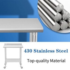 Aplancee Stainless Steel Table, 30 x 24 Inches Prep & Work Table with Caster Backsplash and Adjustable Undershelf Metal Utility Workstations for Commercial Kitchen or Restaurant Supplies