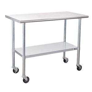 profeeshaw stainless steel table with wheels 24x48 inch, nsf commercial kitchen prep & work table with undershelf and galvanized legs for restaurant, bar, utility room and garage heavy duty table