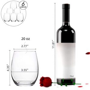 UMI UMIZILI 20oz Stemless Wine Glasses Set of 6, Large Wine Glass For Enhanced Aeration, Red or White Wine Tumbler, Clear