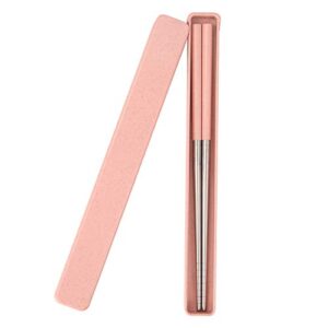 molizummy 1pair portable chopsticks with pull design case, reusable metal stainless steel chopstick with wheat straw handle for school, home, office, outdoor, bento box use, dishwasher safe (pink)