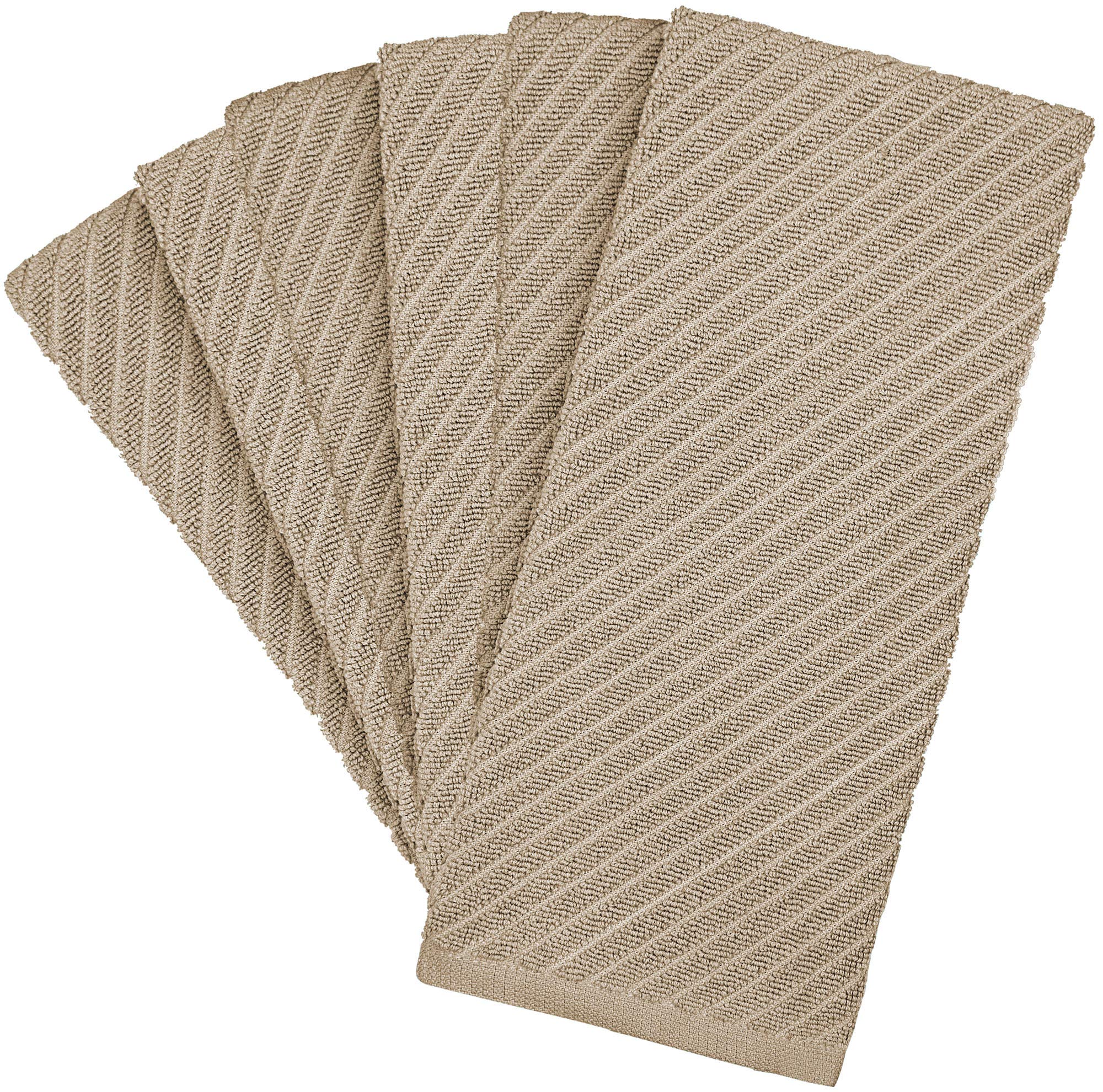 Premium Kitchen Towels (16”x 25”, 6 Pack) | Large Cotton Kitchen Hand Towels | Dish Towels | Diagonal Weave Design | 445 GSM Highly Absorbent Tea Towels Set with Hanging Loop | Tan