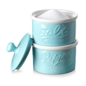 dowan salt and pepper bowls, 9 oz salt and pepper cellar, salt & pepper shakers set of 2, stacking ceramic salt and pepper container with lid, salt keeper, adorable decorative mason décor, turquoise