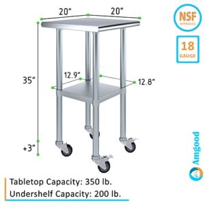 AmGood Stainless Steel Work Table with Casters | Work Station | Metal Utility Table On Wheels (Stainless Steel Work Table + Casters, 20" Long x 20" Deep)