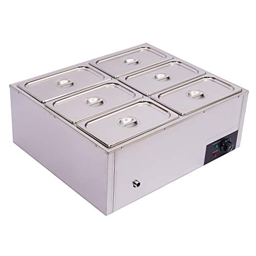 Commercial Food Warmer Steamer, 6-Pan 1.84Gal Stainless Steel Electric Countertop Bain Marie Buffet Steam Table with Covers for Restaurants and Catering