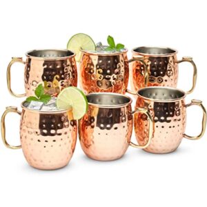 kitchen science moscow mule mugs, stainless steel lined copper moscow mule cups set of 6 (18oz) | stainless steel mug w/new thumb rest | tarnish-resistant steel interior (2 - set of 6)