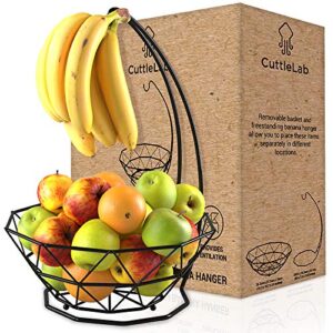 cuttlelab fruit basket with banana hanger (black, 1-tier), fruit bowl with banana holder, fruit bowl for kitchen counter used as bread basket, vegetable basket, fruit stand,egg holder with banana tree