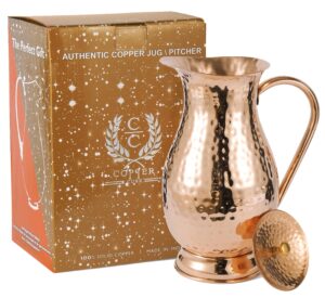 copper pitcher with a lid | large size solid copper handcrafted copper hammered jug | capacity 70 oz/2000ml | pure copper water carafe for home, hotels & gifting
