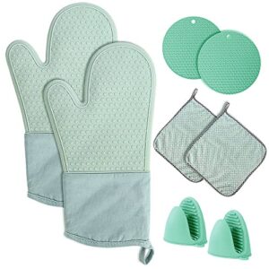 oven mitts and pot holders set 8 pcs, extra long silicone gloves kitchen accessories high heat resistant 450 degree potholder with non-slip surface soft inner lining for cooking baking