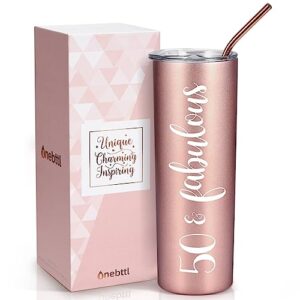 onebttl 50th birthday gifts for women, female, her - 50 and fabulous - 20oz/590ml stainless steel insulated tumbler with straw, lid, message card - (rose gold)