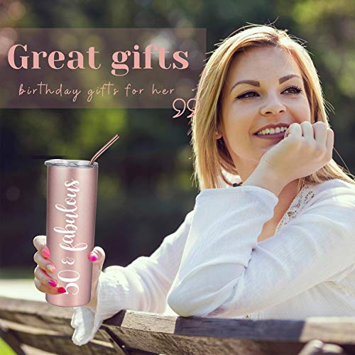 Onebttl 50th Birthday Gifts for Women, Female, Her - 50 and Fabulous - 20oz/590ml Stainless Steel Insulated Tumbler with Straw, Lid, Message Card - (Rose Gold)