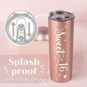 Onebttl Sweet 16 Gifts for Girls, Female, Her - Sweet Sixteen - 20oz/590ml Stainless Steel Insulated Tumbler with Straw, Lid, Message Card - (Rose Gold)