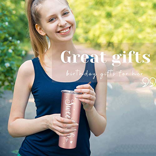 Onebttl Sweet 16 Gifts for Girls, Female, Her - Sweet Sixteen - 20oz/590ml Stainless Steel Insulated Tumbler with Straw, Lid, Message Card - (Rose Gold)