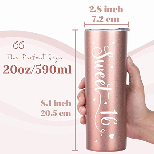 Onebttl Sweet 16 Gifts for Girls, Female, Her - Sweet Sixteen - 20oz/590ml Stainless Steel Insulated Tumbler with Straw, Lid, Message Card - (Rose Gold)