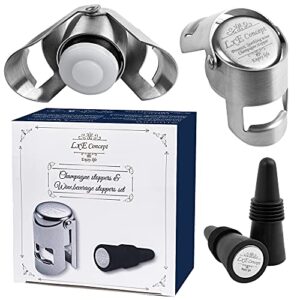 champagne stoppers for sparkling bottle sealing - saver accessories toppers for wine napa moet bottega - cone-shaped wine stoppers and dual-sided stainless steel cover bottles set (silver gray, 2 & 2)