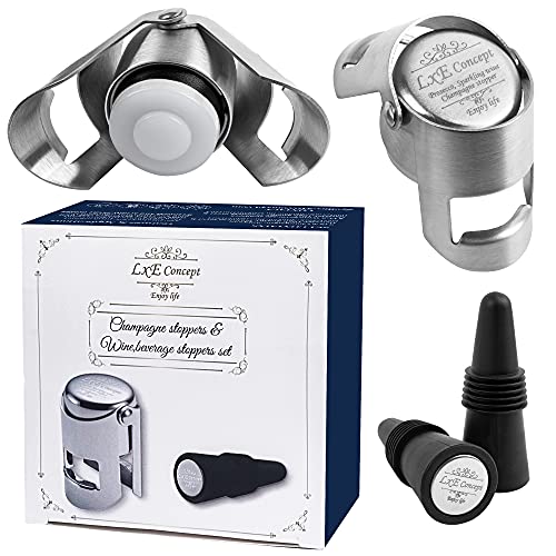 Champagne Stoppers for Sparkling Bottle Sealing - Saver Accessories Toppers for Wine Napa Moet Bottega - Cone-shaped wine stoppers and Dual-sided Stainless Steel Cover Bottles Set (Silver Gray, 2 & 2)