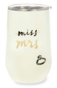 kate spade new york insulated bridal stainless steel wine tumbler, 16 ounce double wall tumbler for bride to be, stemless travel cup with lid, miss to mrs. (white)