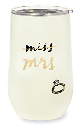 Kate Spade New York Insulated Bridal Stainless Steel Wine Tumbler, 16 Ounce Double Wall Tumbler for Bride to Be, Stemless Travel Cup with Lid, Miss to Mrs. (White)