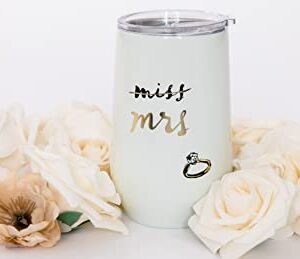 Kate Spade New York Insulated Bridal Stainless Steel Wine Tumbler, 16 Ounce Double Wall Tumbler for Bride to Be, Stemless Travel Cup with Lid, Miss to Mrs. (White)