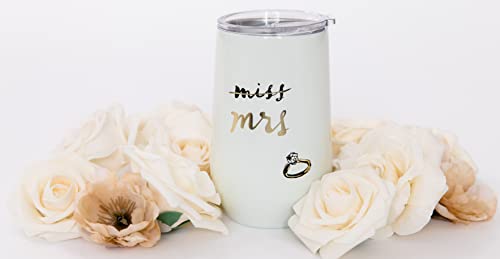 Kate Spade New York Insulated Bridal Stainless Steel Wine Tumbler, 16 Ounce Double Wall Tumbler for Bride to Be, Stemless Travel Cup with Lid, Miss to Mrs. (White)