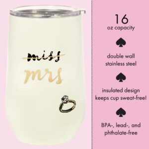 Kate Spade New York Insulated Bridal Stainless Steel Wine Tumbler, 16 Ounce Double Wall Tumbler for Bride to Be, Stemless Travel Cup with Lid, Miss to Mrs. (White)