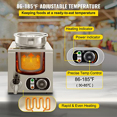 VEVOR 110V Commercial Food Warmer 4.2 Qt Capacity, 300W Electric Soup Warmer Adjustable Temp.32-185℉, Stainless Steel Countertop Soup Pot with Tap, Bain Marie Food Warmer for Cheese/Hot Dog/Rice