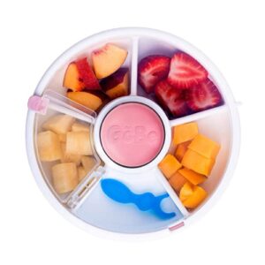 gobe kids snack spinner bundle with hand strap and sticker sheet - reusable snack container with 5 compartment dispenser and lid | bpa and pvc free | dishwasher safe | no spill, leakproof