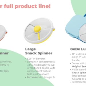 GoBe Kids Snack Spinner Bundle with Hand Strap and Sticker Sheet - Reusable Snack Container with 5 Compartment Dispenser and Lid | BPA and PVC Free | Dishwasher Safe | No Spill, Leakproof