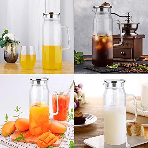 Glass Pitcher with Lid and Handle, 50 oz/1500ml Water Pitcher, Pitcher for Ice Tea and Homemade Juice, Heat Resistant Borosilicate Glass Carafe for Hot/Cold Water.