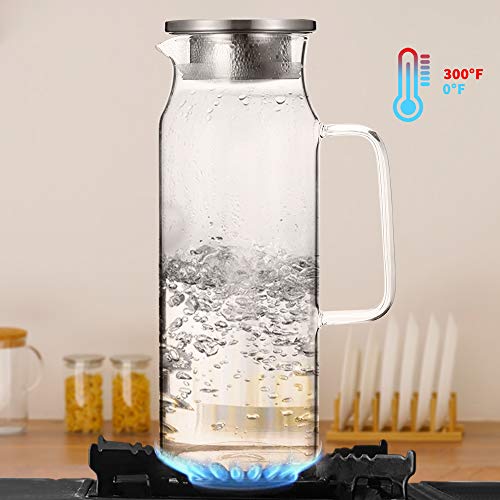 Glass Pitcher with Lid and Handle, 50 oz/1500ml Water Pitcher, Pitcher for Ice Tea and Homemade Juice, Heat Resistant Borosilicate Glass Carafe for Hot/Cold Water.