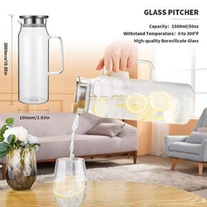 Glass Pitcher with Lid and Handle, 50 oz/1500ml Water Pitcher, Pitcher for Ice Tea and Homemade Juice, Heat Resistant Borosilicate Glass Carafe for Hot/Cold Water.