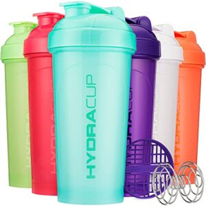 hydra cup | 6 pack | shaker bottles for protein powder shakes & mixes, 28-ounces (900ml), six colors, wire whisk & mixing grid, bpa free shaker cup blender set