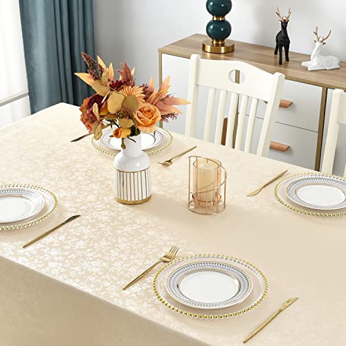 Romanstile Rectangle Vinyl Tablecloth,100% Waterproof Heavy Duty Oil Spill Proof Stain Resistant Plastic PU Table Cover with Flannel Backing for Kitchen/Dining/Parties（Rose Beige, 60 x 84