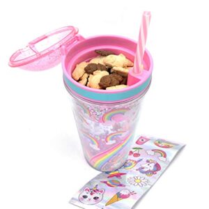 snack and drink cup, rainbow theme, kid's combo all-in-one tumbler for on-the-go, bonus sheet of fun unicorn and caticorn stickers, straw included, pink