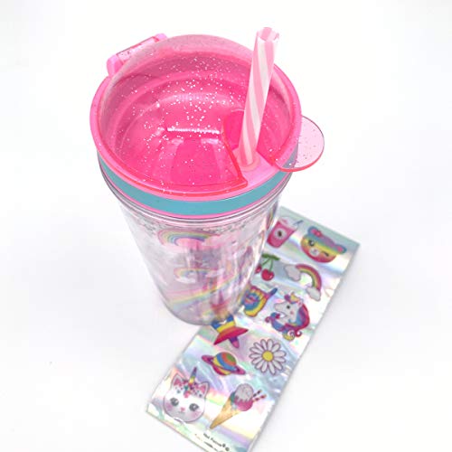 Snack and Drink Cup, Rainbow Theme, Kid's Combo All-in-One Tumbler for On-The-Go, Bonus Sheet of Fun Unicorn and Caticorn Stickers, Straw Included, Pink