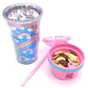 Snack and Drink Cup, Rainbow Theme, Kid's Combo All-in-One Tumbler for On-The-Go, Bonus Sheet of Fun Unicorn and Caticorn Stickers, Straw Included, Pink