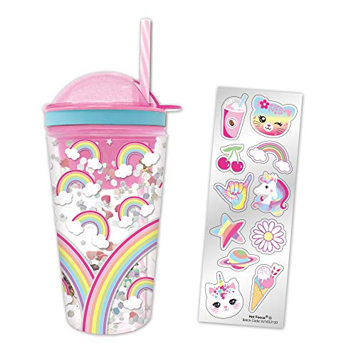 Snack and Drink Cup, Rainbow Theme, Kid's Combo All-in-One Tumbler for On-The-Go, Bonus Sheet of Fun Unicorn and Caticorn Stickers, Straw Included, Pink