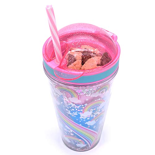 Snack and Drink Cup, Rainbow Theme, Kid's Combo All-in-One Tumbler for On-The-Go, Bonus Sheet of Fun Unicorn and Caticorn Stickers, Straw Included, Pink