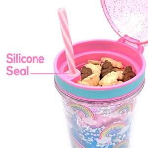 Snack and Drink Cup, Rainbow Theme, Kid's Combo All-in-One Tumbler for On-The-Go, Bonus Sheet of Fun Unicorn and Caticorn Stickers, Straw Included, Pink