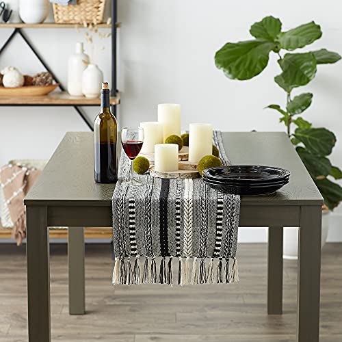 DII Farmhouse Braided Stripe Table Runner Collection, 15x108 (15x113, Fringe Included), Black