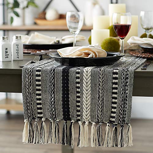 DII Farmhouse Braided Stripe Table Runner Collection, 15x108 (15x113, Fringe Included), Black