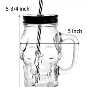 TOPZEA 6 Pack Glass Mason Drinking Jars with Handle, 16 Oz Skull Beer Mugs Wide Mouth Tumbler Cup with Straws, Pub Bar Drinking Mugs for Beverage, Liquor, Cold Drinks