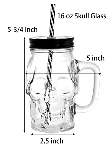 TOPZEA 6 Pack Glass Mason Drinking Jars with Handle, 16 Oz Skull Beer Mugs Wide Mouth Tumbler Cup with Straws, Pub Bar Drinking Mugs for Beverage, Liquor, Cold Drinks