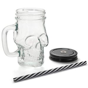 TOPZEA 6 Pack Glass Mason Drinking Jars with Handle, 16 Oz Skull Beer Mugs Wide Mouth Tumbler Cup with Straws, Pub Bar Drinking Mugs for Beverage, Liquor, Cold Drinks