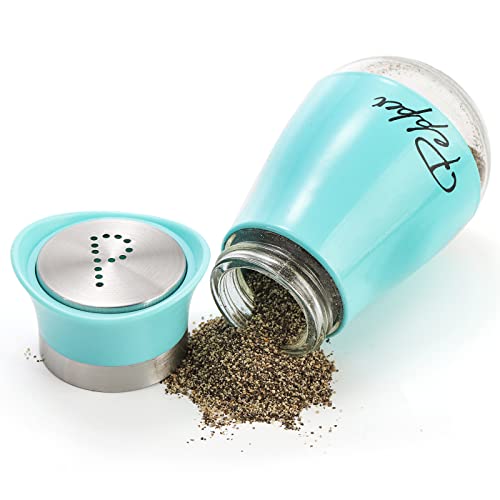 Tebery 4 Ounces Blue Salt and Pepper Shakers Set Stainless Steel & Glass Spice Dispenser Classic, Refillable Design