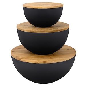 bremel home salad bowl with lid - large salad bowl set of 3 with wooden lids, bamboo fibre like melamine mixing bowl & storage set for serving salad, salad serving bowl set for pasta, popcorn, chips