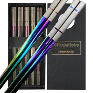 albino monkey reusable chopsticks - extra long 9" - 5 pairs per pack - made of food-safe stainless steel - holographic design - asian dining utensils for home kitchen & restaurants - nice giftable box