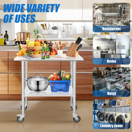 Chingoo Stainless Steel Table with Wheels 24 x 36 Inches Metal Prep Table with Adjustable Undershelf, Stainless Table for Commercial Kitchen, Outdoor, Restaurant, Hotel & Garage