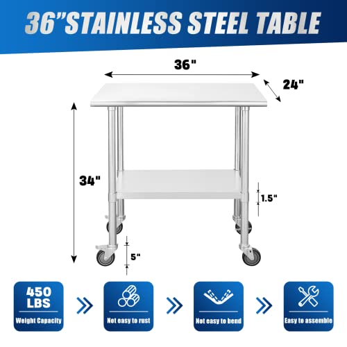 Chingoo Stainless Steel Table with Wheels 24 x 36 Inches Metal Prep Table with Adjustable Undershelf, Stainless Table for Commercial Kitchen, Outdoor, Restaurant, Hotel & Garage